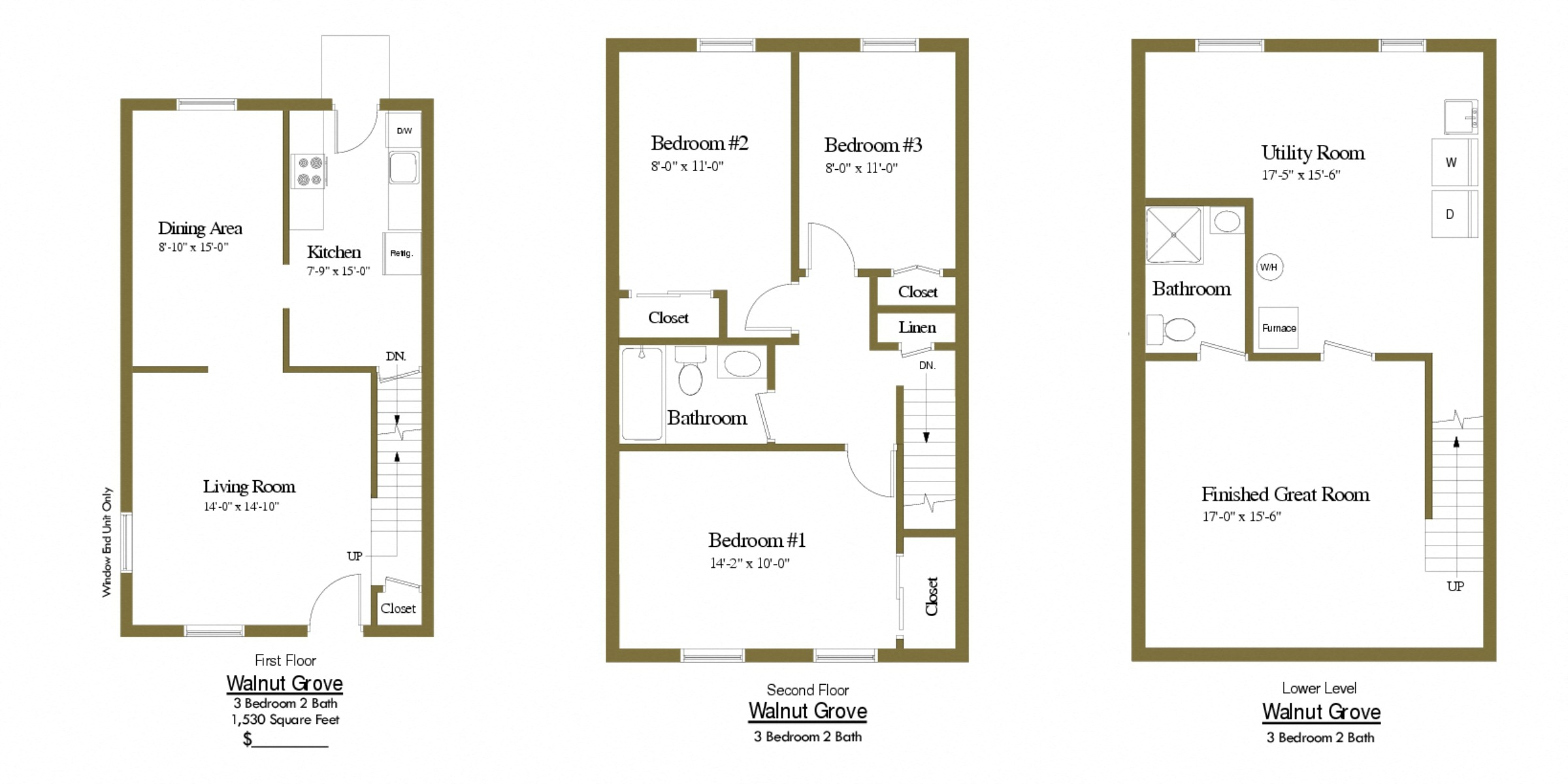 Floor plan for 3 beds, 2 baths, 1600 sqft